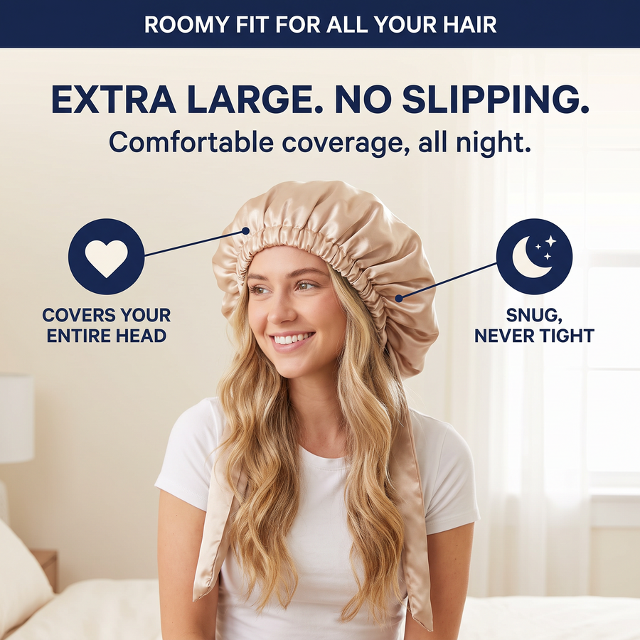 Woman wearing the extra-large Curlzel satin bonnet over long hair