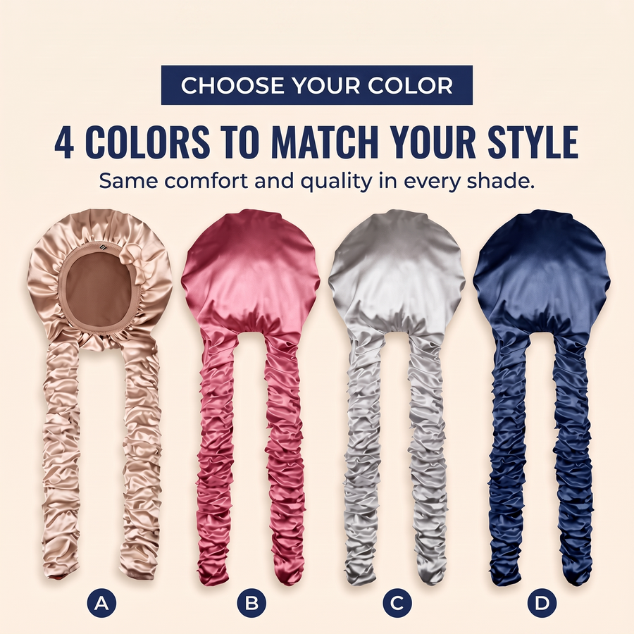 Curlzel bonnet in four colors: Champagne, Rose, Silver and Navy